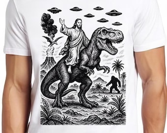 Jesus Riding Dinosaur UFO Bigfoot Volcano Sketch Weird Humorous Hilarious Witty Funny Music Gift Tee T Shirt 2611