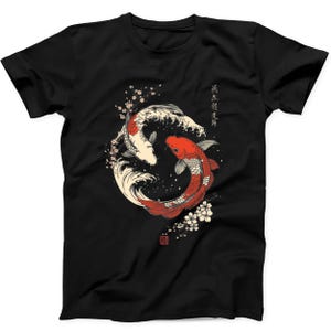 Yin Yang The Great Wave Off Koi Fish Cherry Blossoms Japanese Calligraphy Art Meme Gift Black T Shirt Sweatshirt Hoodie C414