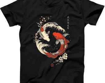 Yin Yang The Great Wave Off Koi Fish Cherry Blossoms Japanese Calligraphy Art Meme Gift Tote Bag Black T Shirt Sweatshirt Hoodie C414