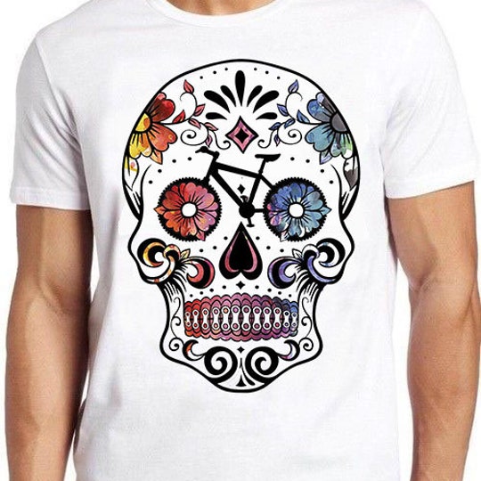 Skull Bicycle  T Shirt  Skeleton Bike Sugar Skull Bikes Watercolor Funny  Cool Gift Tee