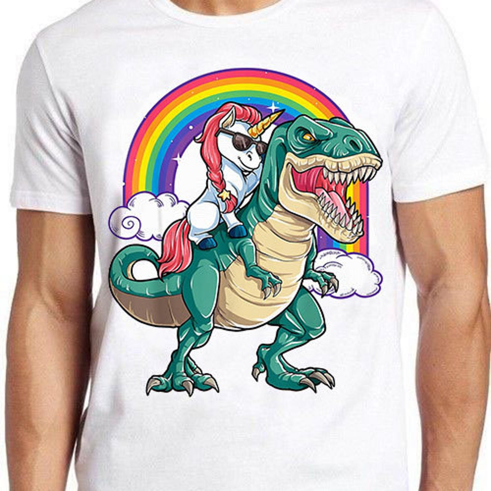 Unicorn Riding Dinosaur T Rex Party Rainbow Squad Design Music Joke Fashion Art