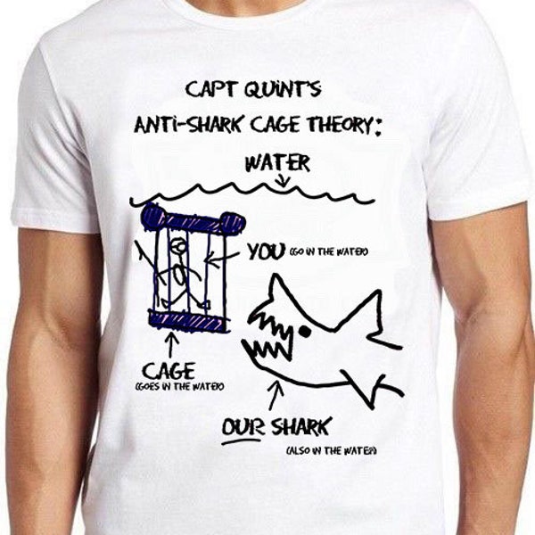 Jaws Paws Capt Strings Anti Shark Cage Theory Wasser Lustige Kunst Zeichnung Gamer Kult Meme Film Musik Geschenk Tee T-Shirt 1096