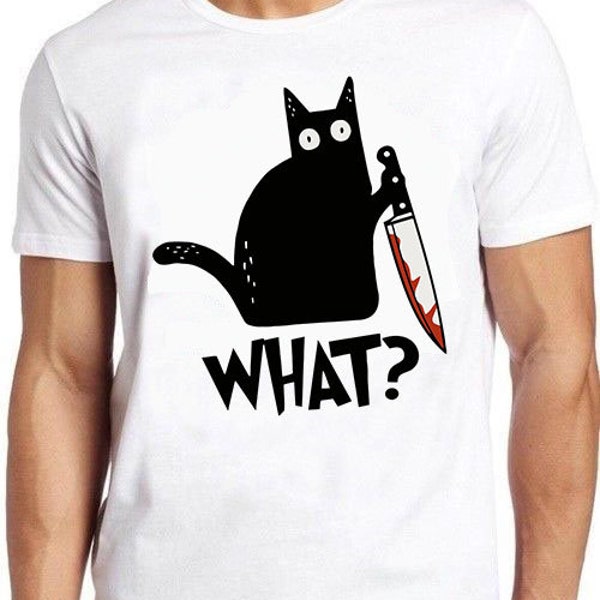 Gato qué gato negro asesino con cuchillo Meme regalo estilo divertido unisex jugador culto película música camiseta 584