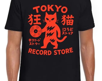 Tokyo Record Store Cat Vinyl Record Player Rock Dj Band apan Japanese Drawing Art Super Cool Best Gift Top Black Tee T Shirt 453