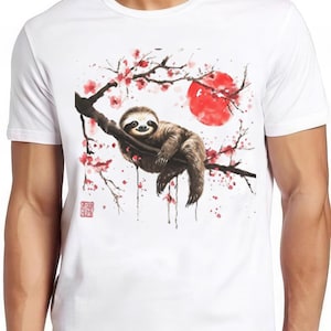 Sloth Red Sun Sakura Japanese Tree Cartoon Animal Manga Music Funny Art Drawing Gamer Anime Cult Meme Movie Gift Top Tee T Shirt 2362
