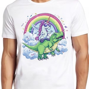 Unicorn Riding T-Rex Dinosaur Rainbow Art Funny Cool Gift Tee T Shirt 2305