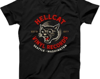 Vinyl Records Seattle Record Store Music Cat Hellcat Gift Tee Black T Shirt 624