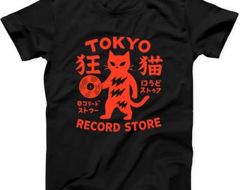 Tokyo Record Store Cat Vinyl Record Player Rock Dj Band Japan Japanese Drawing Art Super Gift Tote Bag Black T Shirt Sweatshirt Hoodie 453