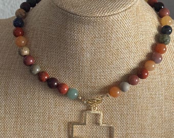Mixed gemstone beaded necklace with cross pendant, boho style, gift for her
