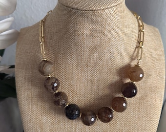 Fire Agate Beaded Necklace, Gold Paperclip Chain, Handmade
