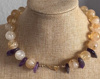 Citrine Amethyst Choker Necklace, 14k Gold Filled Clasp, Natural Gemstone Jewelry