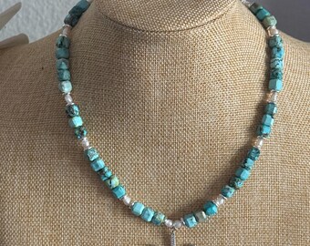 Blue Turquoise Magnesite Necklace with Pearls & Starfish Charm – Coastal Boho Jewelry