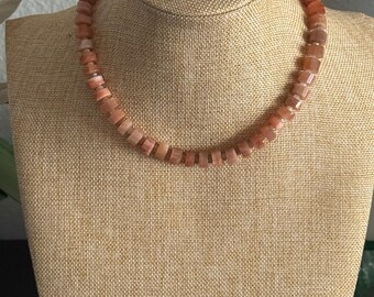 Peach Moonstone Beaded Necklace, Gold Filled Clasp, Boho Style