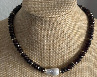 Garnet Beaded Necklace, White Shell Pearl, 14k Gold Filled, January Birthstone
