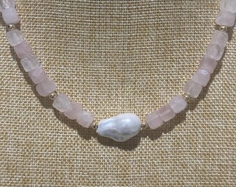 Rose Quartz Beaded Necklace, White Shell Pearl, 14k Gold Filled