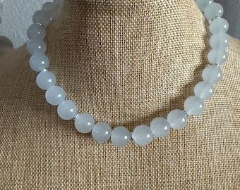 Light Blue Beaded Choker Necklace, Silver Toggle Clasp, Coastal Boho