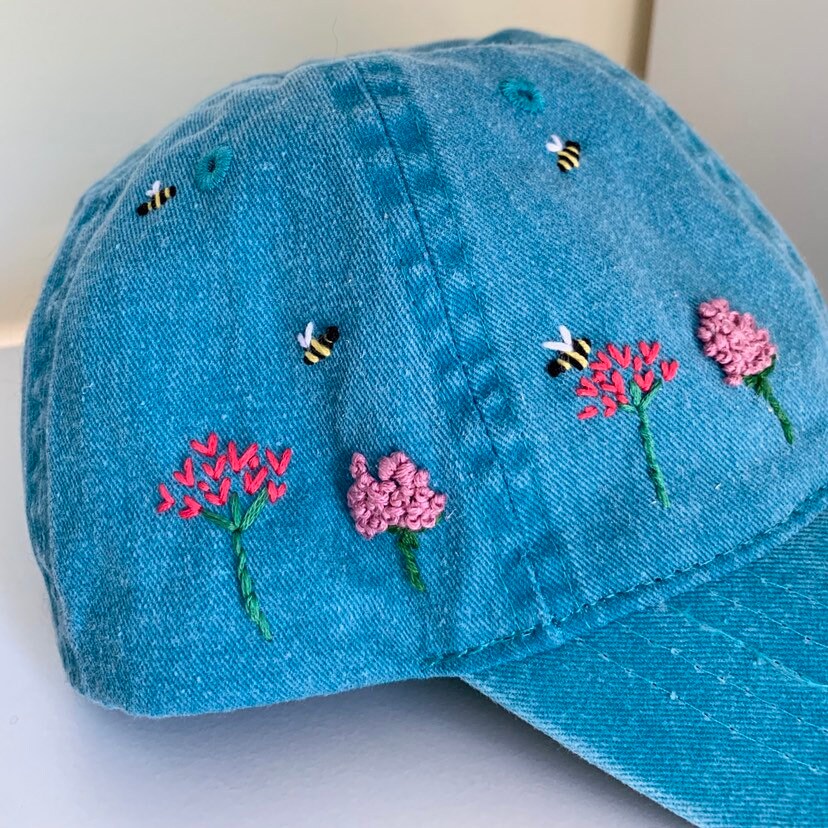 Handmade Embroidered Floral Baseball Cap with Bees | Etsy