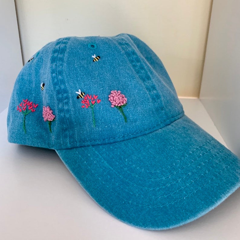 Handmade Embroidered Floral Baseball Cap with Bees | Etsy