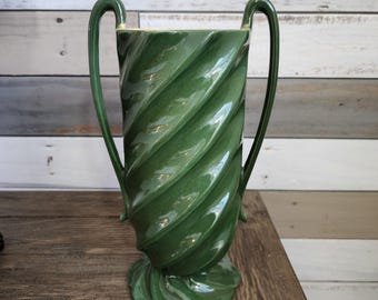 Vintage Red Wing 1376 USA Pottery Green and Gold Swirl Cottage Style Vase