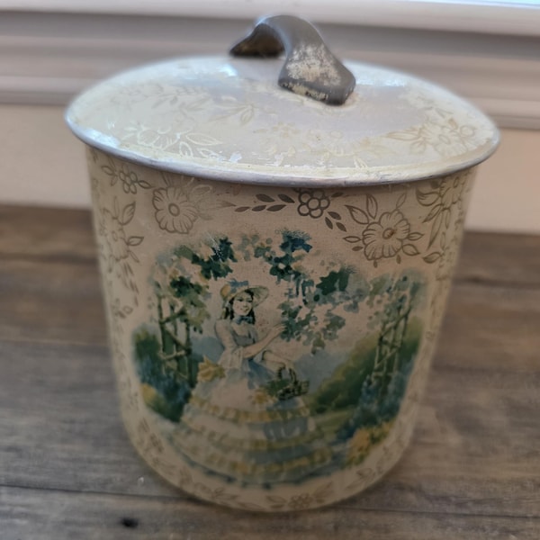 Vintage Southern Bell kextenn The Metal Box Co Tillverkad i England, metallburk med lock och blommor och sydstatsflicka, lantlig stugdekor