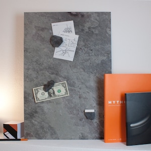 May include: A gray magnetic board with a dollar bill, a map, and a few small rocks attached to it with magnets. There are two books on a shelf below the board, one orange with the word "MYTHOS" on the cover and one black with a silver stripe.