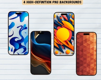 May include: Four smartphones displaying abstract digital art backgrounds. The phones feature designs with blue, orange, and brown color schemes. Text at the top reads "MODERN MINIMALIST ABSTRACT MOBILE" and "4 HIGH-DEFINITION PNG BACKGROUNDS".