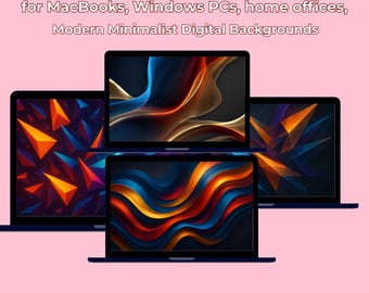 May include: Four laptops displaying abstract digital wallpapers. The screens showcase colorful, flowing designs in shades of blue, orange, and gold. Text at the top reads "4 HD ABSTRACT DESKTOP & LAPTOP WALLPAPERS". The image is for MacBooks, Windows PCs, and home offices.