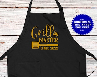 Grill Master BBQ Apron, Personalized Year Apron, Custom Year, Birthday Apron, Gift for Husband, Gift for Dad, Summer BBQ Apron, Fathers Day