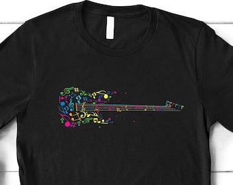Camisa de guitarra retro funky, notas musicales, amante de la guitarra, regalo para guitarrista, camisa de banda de rock, guitarrista, guitarra eléctrica, regalo de Navidad