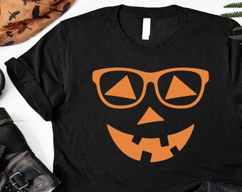 Halloween pompoen met glazen T-shirt, Halloween pompoen shirts, grappige pompoen gezicht shirt, nerd shirt, kerstcadeau, Halloween kostuum top