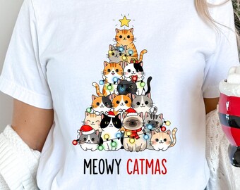 Meowy Catmas Christmas Tree Shirt, Cute Cat Christmas Shirt, Cat Lover Gift, Womens Christmas Sweatshirt, Holiday Shirt, Cat Mommy Shirt