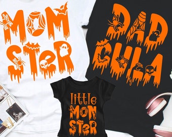 Momster e Dadcula combinando camisas de Halloween, camisas de Halloween para família, camisa Momster, camisa Dadcula, camisa de Halloween para mãe, monstrinho