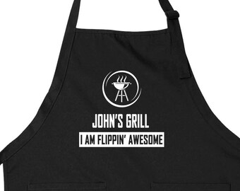 Personalized BBQ Grill Apron with Front Pockets Gift Apron For Men Gifts For Dad BBQ Cooking Gift For Him "Im Flippin' Awesome" Funny Gift