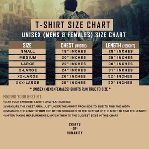 May include: A unisex t-shirt size chart with measurements in inches for chest and length. The chart includes sizes from small to XXX-large. The chart also includes instructions for finding your best fit.