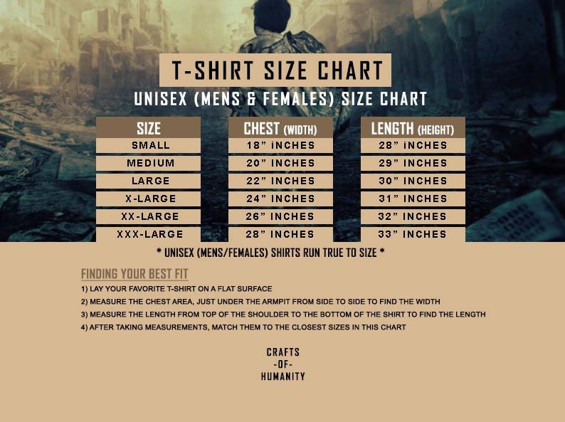 May include: A unisex t-shirt size chart with measurements in inches for chest and length. The chart includes sizes from small to XXX-large. The chart also includes instructions for finding your best fit.