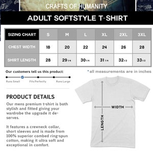 May include: A sizing chart for a softstyle t-shirt in sizes S through 3XL. The chart shows chest width and shirt length measurements in inches. The product details describe the t-shirt as being made from 100% superior combed ring-spun cotton, making it ultra soft and comfortable.