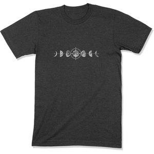 May include: A dark gray t-shirt with a white graphic of the moon in different phases.