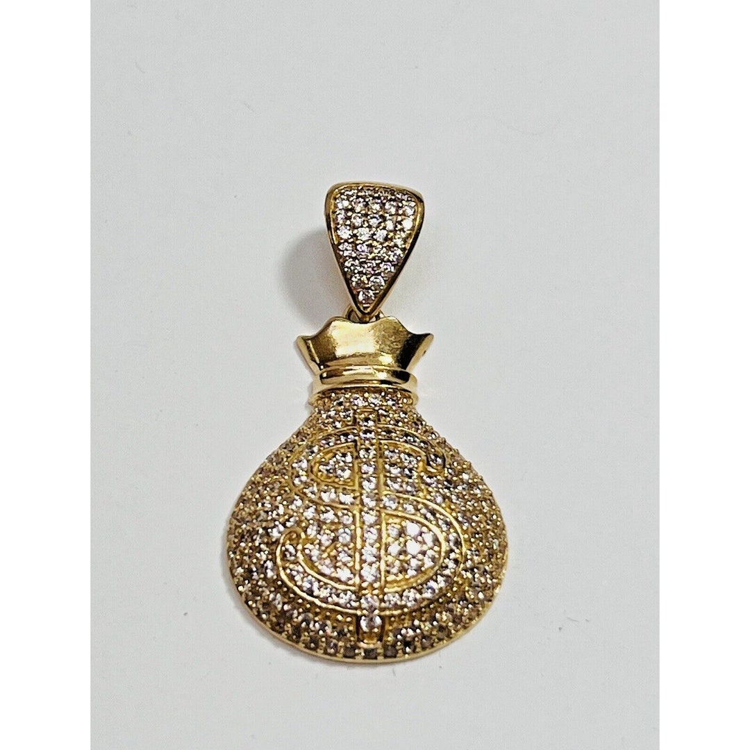 Unique 10K Solid Yellow Gold MONEY BAG Charm Pendant W/ CZ'S