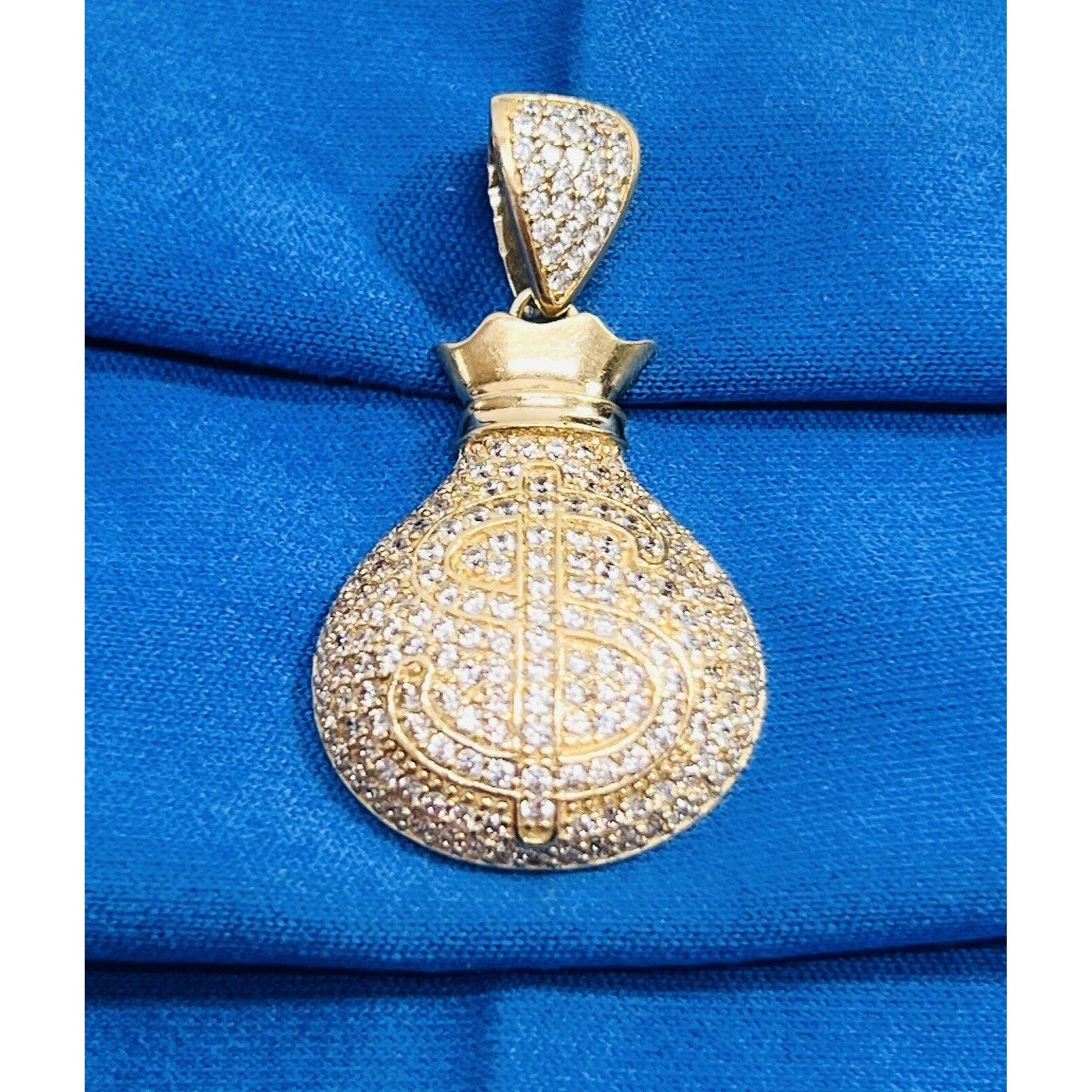 Unique 10K Solid Yellow Gold MONEY BAG Charm Pendant W/ CZ'S