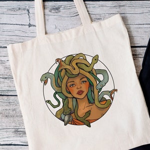 Medusa Portrait Tote Bag | 2 Color Options Greek Mythology Artwork Gorgon Monster Olympian Lore Dark Academia Organic Cotton Fabric