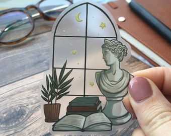 Clear Sticker: Dark Academia Night Vibes | Mythology Grecian Bust, Classical Literature Mythos, with Transparent Night Sky Window Detail