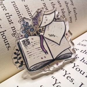 Pin: Floral Book | Cottagecore Lilac Herbalist Nature Lover Reader Potions Maker Cute Whimsical Literary Design Acrylic Pin