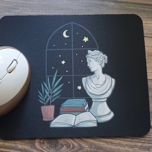 Dark Academia Mouse pad | Black Background Greek Goddess Statue Late Night Study Session Vibes (Small Desk Pad 7x8 Rounded Corner Style)