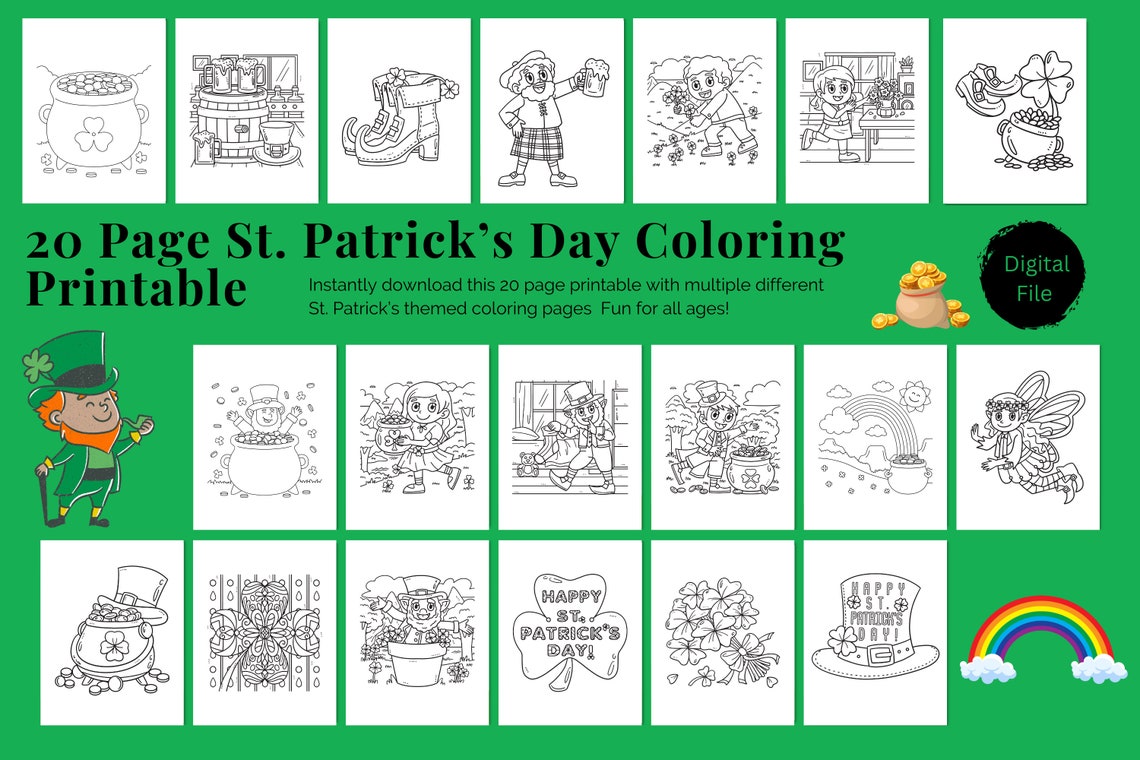 20 Page Printable St. Patrick's Day Coloring PDF Digital File Instant ...