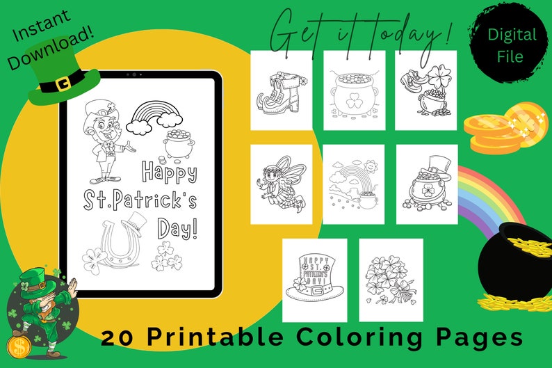 20 Page Printable St. Patrick's Day Coloring PDF Digital File Instant ...