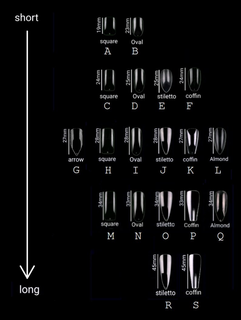 Pu&ograve; includere: Grafico che mostra diverse forme e lunghezze di unghie, tra cui quadrata, ovale, stiletto, bara, mandorla e freccia. Il grafico include le misure in millimetri per ogni forma e lunghezza.