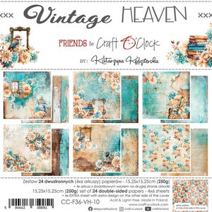 May include: A set of 24 double-sided papers with a vintage theme. The papers feature floral and architectural designs in shades of teal, beige, and brown. The set includes extra sheets with additional designs. The text on the package reads "Vintage Heaven."