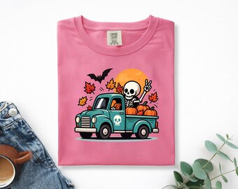 Comfort Colors Herfst Halloween Skelet Pompoen Vrachtwagen Shirt, Vintage Herfst Pick-up T-shirt, Spooky Seizoen Pompoen Liefhebber Cadeau