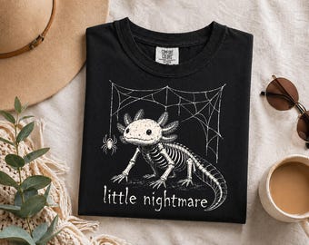 Comfort Colors Axolotl Skeleton T-Shirt, Little Nightmare Halloween Tee, Spooky Axolotl Shirt, Cute Goth Animal Gift, Skeleton Lover Tee