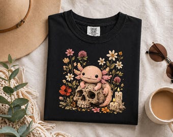 Comfort Colors Halloween Axolotl Shirt, Gothic Axolotl T-shirt, Skull Flower Tee, Leuk griezelig dieren shirt, Wildflower Botanical Floral